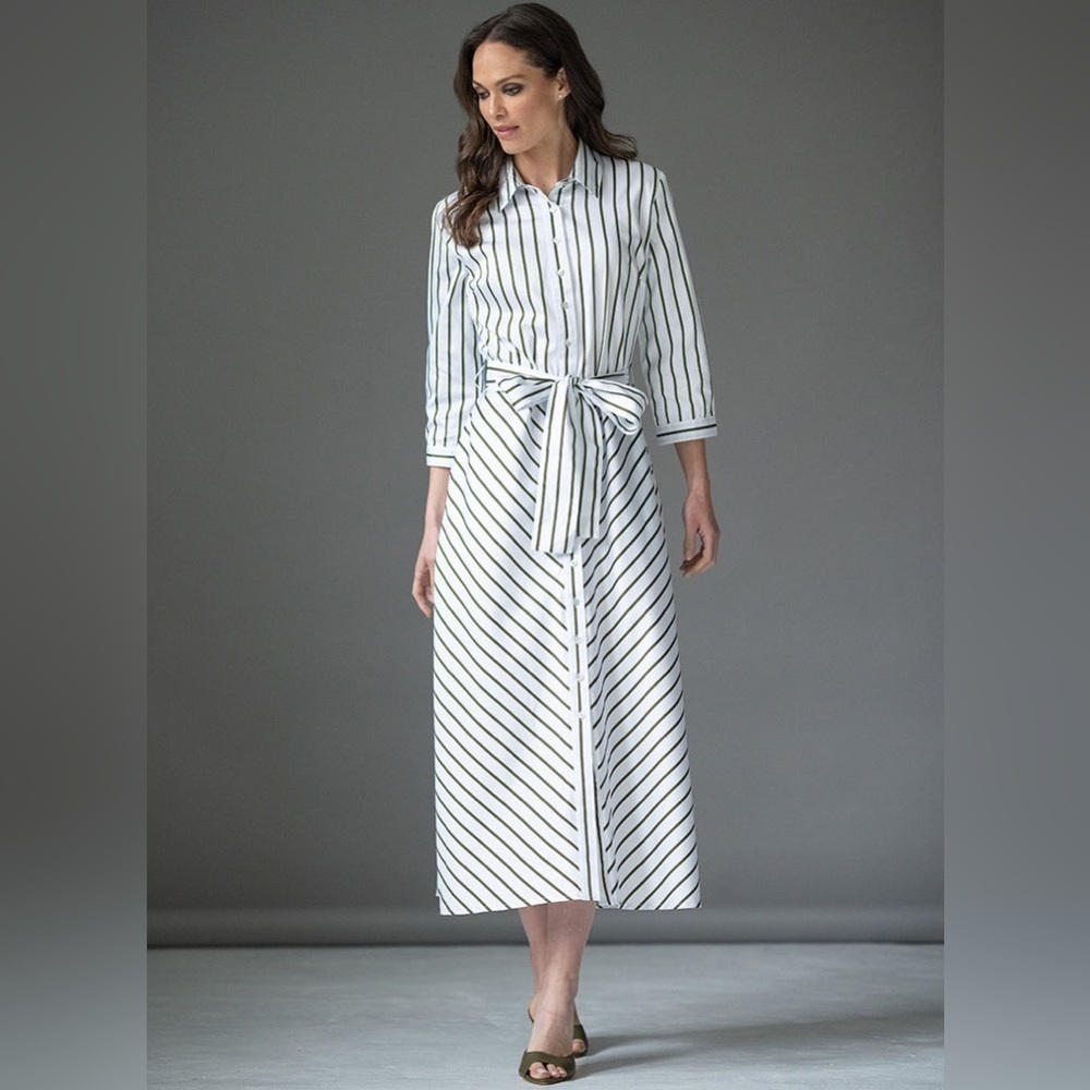 Striped Button-Front Maxi Shirt Dress with Tie Waist - White/Navy